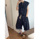 Dannyandzee summer retro versatile denim raw edge loose one-piece sleeveless three-quarter jeans for men INS