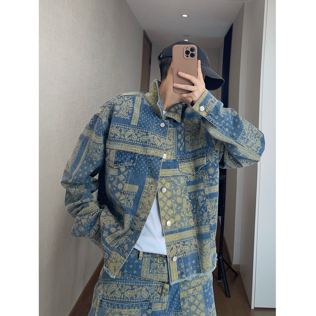 Dannyandzee spring and summer thin yellow cashew flower printed contrasting color short raw edge denim jacket for men