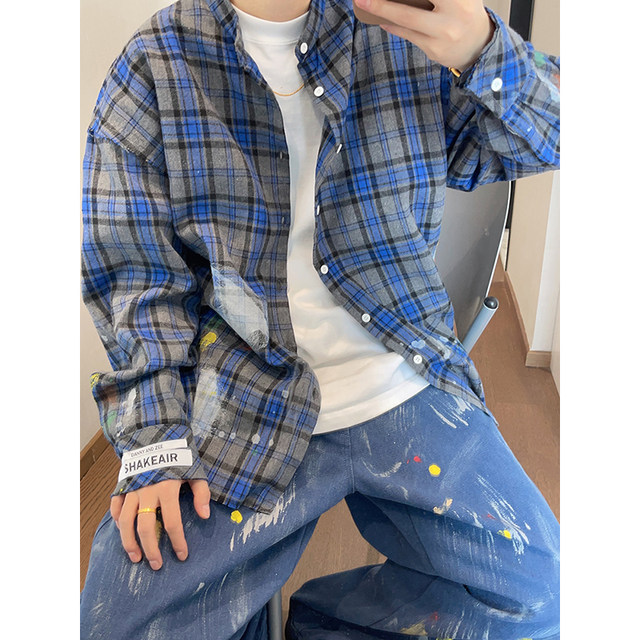 Dannyandzee spring retro gray blue plaid stand collar raw edge distressed hand-painted long-sleeved shirt for men