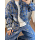 Dannyandzee spring retro gray blue plaid stand collar raw edge distressed hand-painted long-sleeved shirt for men