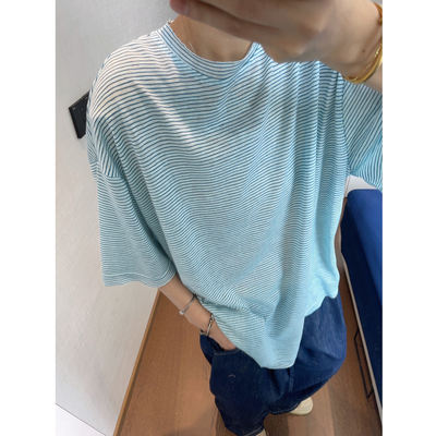 dannyandzee summer light and breathable mint green striped loose semi-transparent round-neck short-sleeved T-shirt for men