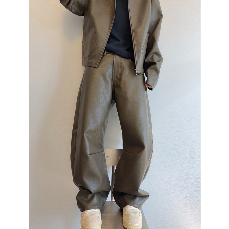 Dannyandzee Autumn and Winter Retro Versatile Olive Green Military Green Windproof Cool Pu Leather Pants Scimitar Pants Men's Long Pants Dannyandzee Autumn and Winter Retro Versatile Olive Green Military Green Windproof Cool Pu Leather Pants Scimitar Pants Men's Long Pants