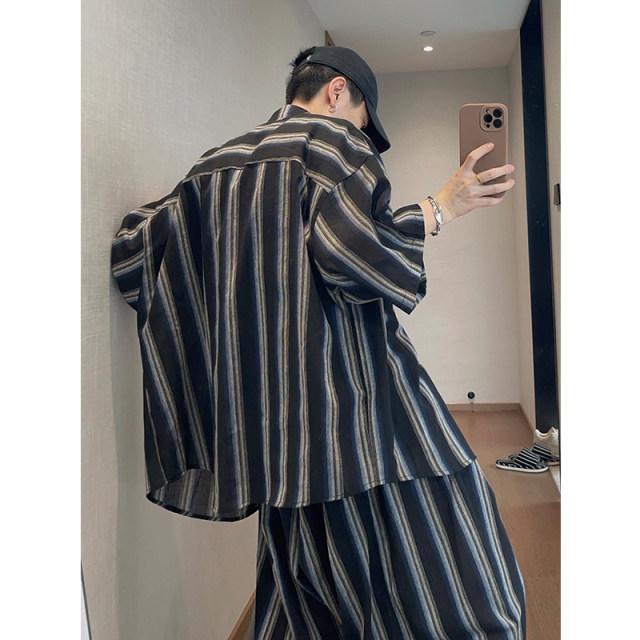 Dannyandzee summer loose retro versatile black thin vertical striped cotton linen short-sleeved shirt men's shirt