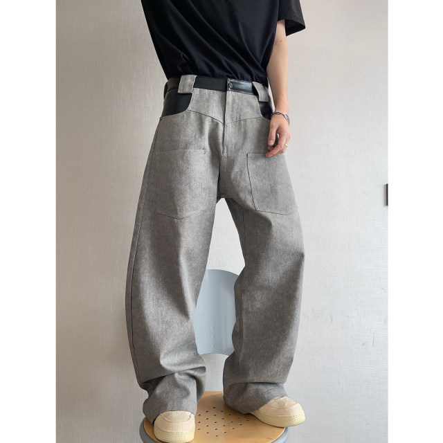Dannyandzee spring retro cement gray washed canvas splicing PU leather micro-flared overalls men's trousers INS
