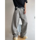 Dannyandzee spring retro cement gray washed canvas splicing PU leather micro-flared overalls men's trousers INS