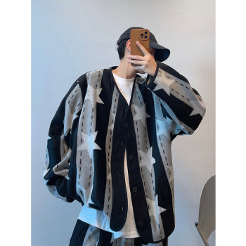 Dannyandzee Spring Vintage High Street Layered Loose Five-Pointed Star Striped Woolen V-Neck Jacket for Men