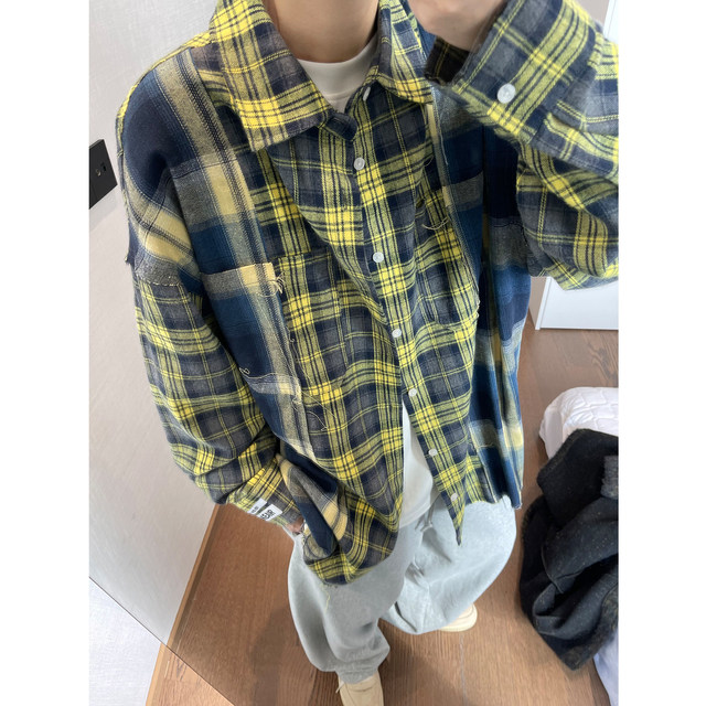 Dannyandzee spring retro handsome loose yellow and blue plaid splicing raw edge loose long-sleeved shirt for men INS
