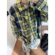 Dannyandzee spring retro handsome loose yellow and blue plaid splicing raw edge loose long-sleeved shirt for men INS