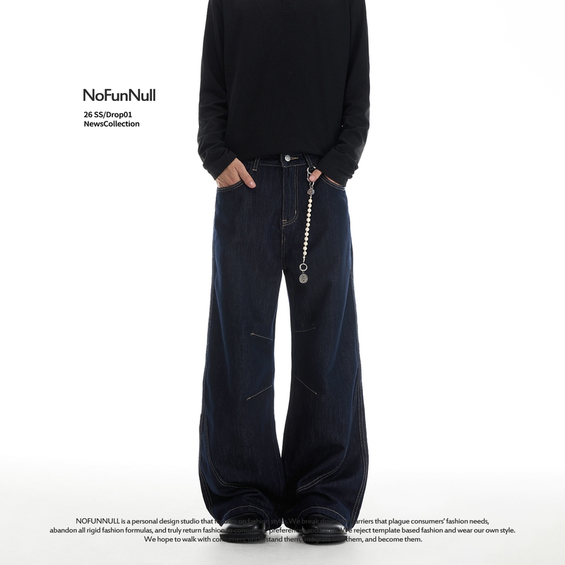 Nofunnull Lyocell Washed Raw Denim Blue Jeans for Men and Women, Spring American Design with Split Line A-Line Pants