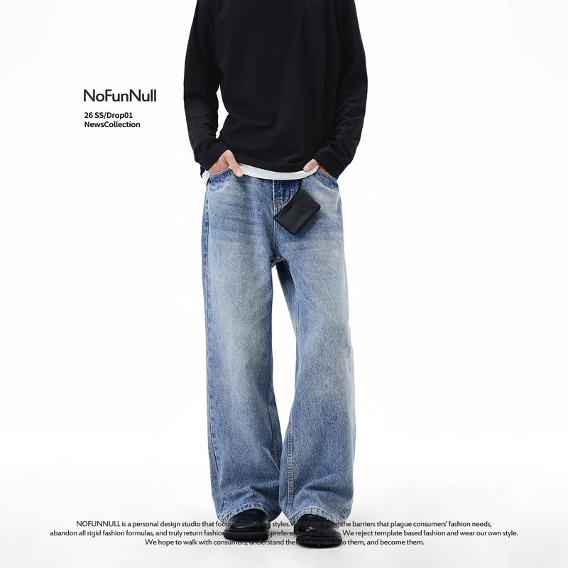 Nofunnull American-Style Washed Vintage Light Blue Jeans Spring Unisex Straight Loose Drapey Long Pants
