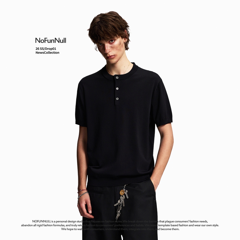 Nofunnull American Retro Henry Collar Knitted Solid Color Short-Sleeved T-Shirt for Men and Women, Summer Daily Work Clothing Trendy T-Shirt