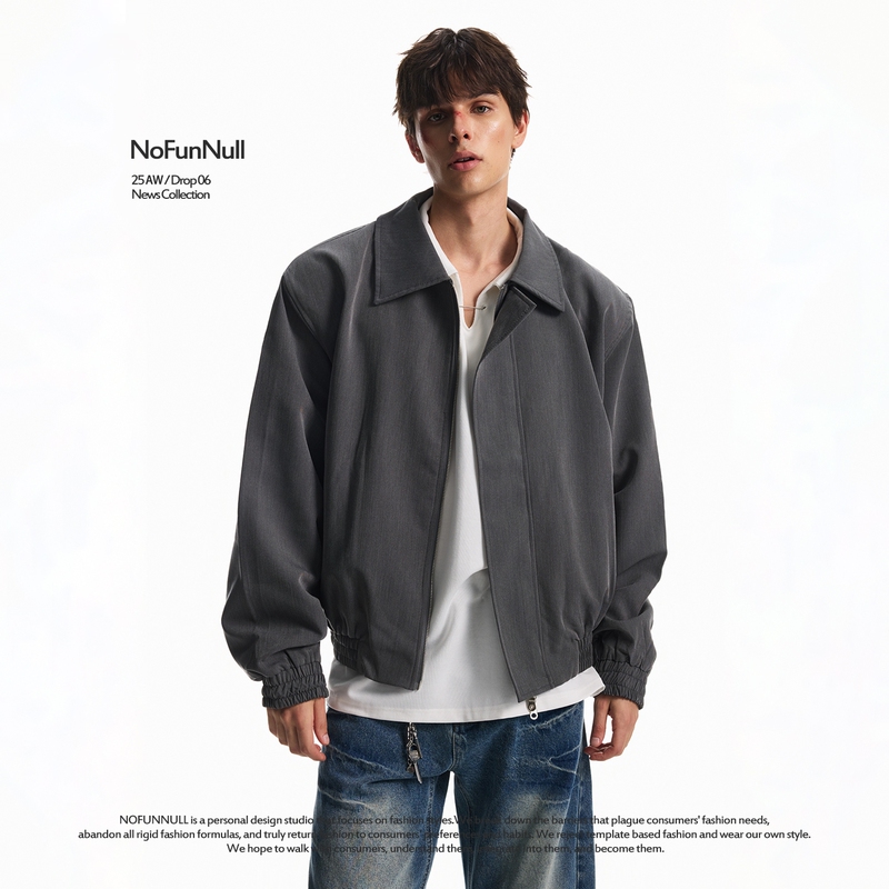 Nofunnull American-Style Cleanfit Double-Zip Shoulder-Padded Jacket for Men, Spring Short Wide Silhouette Bomber Jacket