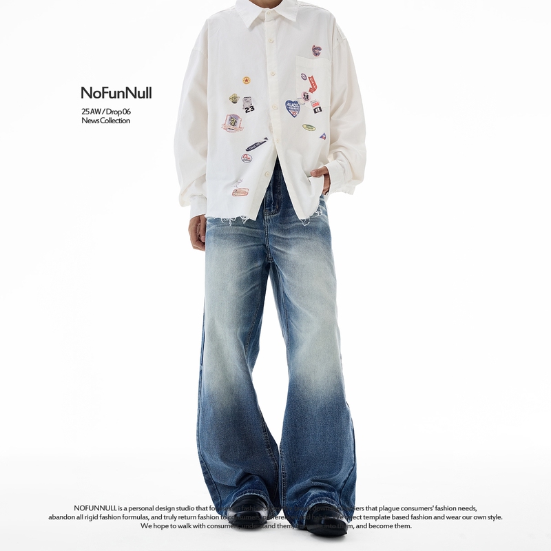 Nofunnull American-Style Denim Jeans with Hand-Rubbed 3D Whiskers, Unisex, Autumn Wash, A-Line Long Pants, Trendy Nofunnull American-Style Denim Jeans with Hand-Rubbed 3D Whiskers, Unisex, Autumn Wash, A-Line Long Pants, Trendy