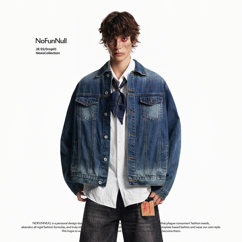 Nofunnull American Vintage Washed Denim Jacket for Men and Women, High Street Retro Structured Vibe Jacket