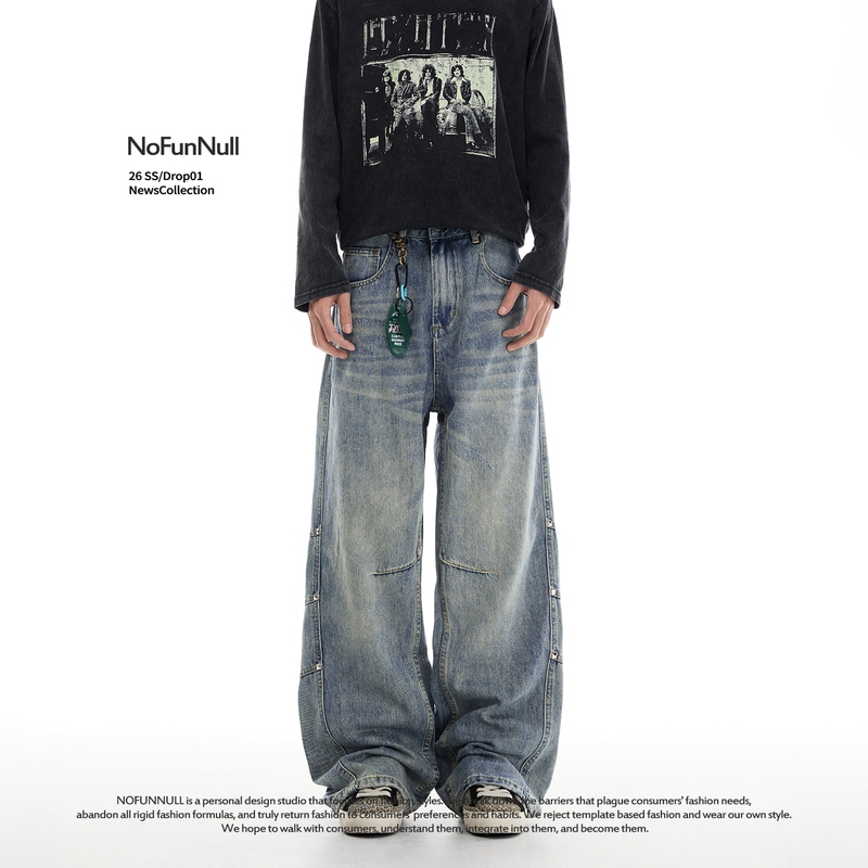 Nofunnull Spring New Design Side Studded Jeans Unisex American Vibe Structured Straight Pants
