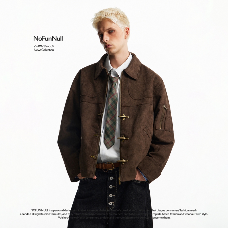 Nofunnull American Retro Distressed Airplane Buckle Vintage Jacket Men's Short Wide Cleanfit Suede Jacket Women's Nofunnull American Retro Distressed Airplane Buckle Vintage Jacket Men's Short Wide Cleanfit Suede Jacket Women's