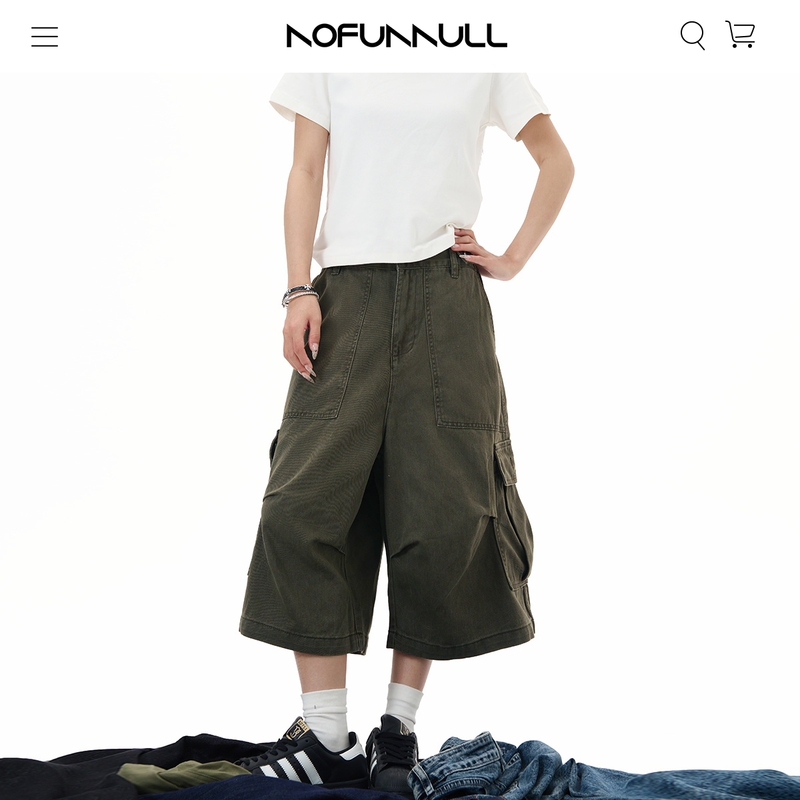 Nofunnull Summer American Retro Multi-Pocket Wide-Leg Cargo Pants Unisex Versatile Loose Couple's Cropped Pants Nofunnull Summer American Retro Multi-Pocket Wide-Leg Cargo Pants Unisex Versatile Loose Couple's Cropped Pants