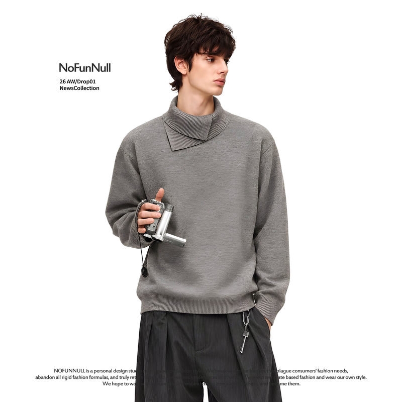 Nofunnull American Retro Style High-Neck Sweater for Men and Women, Autumn and Winter Double-Layer Stand-Up Collar Pullover Knitwear Nofunnull American Retro Style High-Neck Sweater for Men and Women, Autumn and Winter Double-Layer Stand-Up Collar Pullover Knitwear