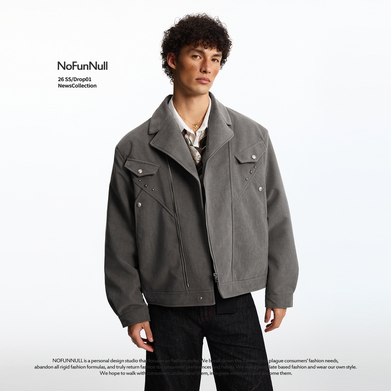 Nofunnull American Retro Rivet Diagonal Zipper Suede Lapel Jacket Spring Deconstructed Silhouette Coat for Men and Women