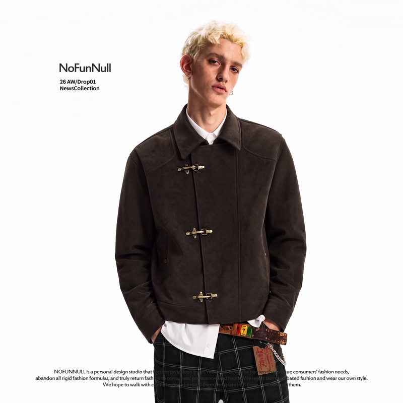 Nofunnull American Retro Airplane Buckle Suede Jacket for Men and Women, Autumn Design Short Lapel Coat Trendy Nofunnull American Retro Airplane Buckle Suede Jacket for Men and Women, Autumn Design Short Lapel Coat Trendy