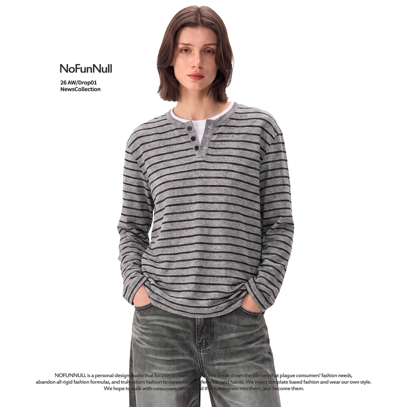 Nofunnull American Retro Fake Two-Piece Striped Long-Sleeved T-Shirt for Men and Women Early Autumn Loose Casual Henley Collar Top