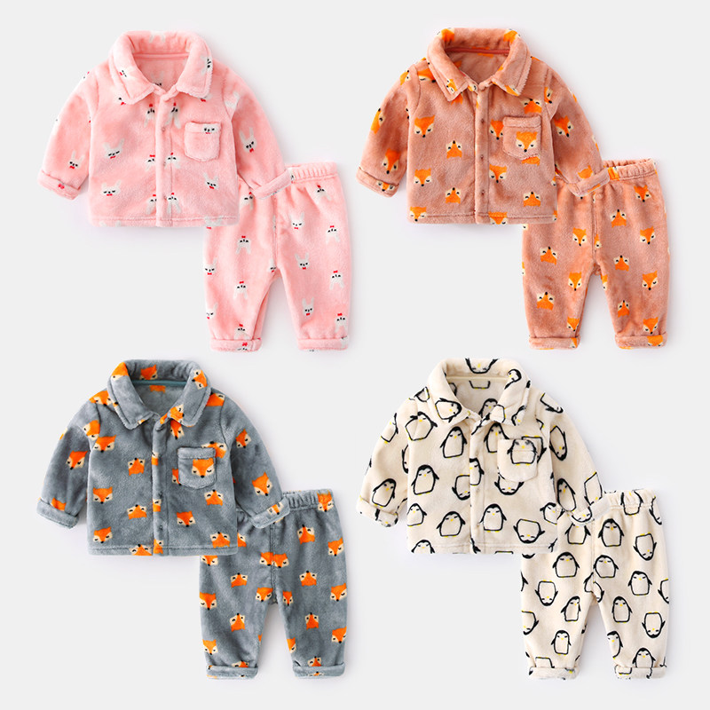Baby Sleepwear Baby Coral Suede Suit Girl Autumn Winter Clothing Home Clothing Boy Blouse Winter Long Pants Two Sets