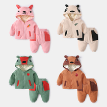Baby suit autumn and winter womens infant cotton clothes two-piece set plus velvet thickened mens baby clothes warm winter clothes