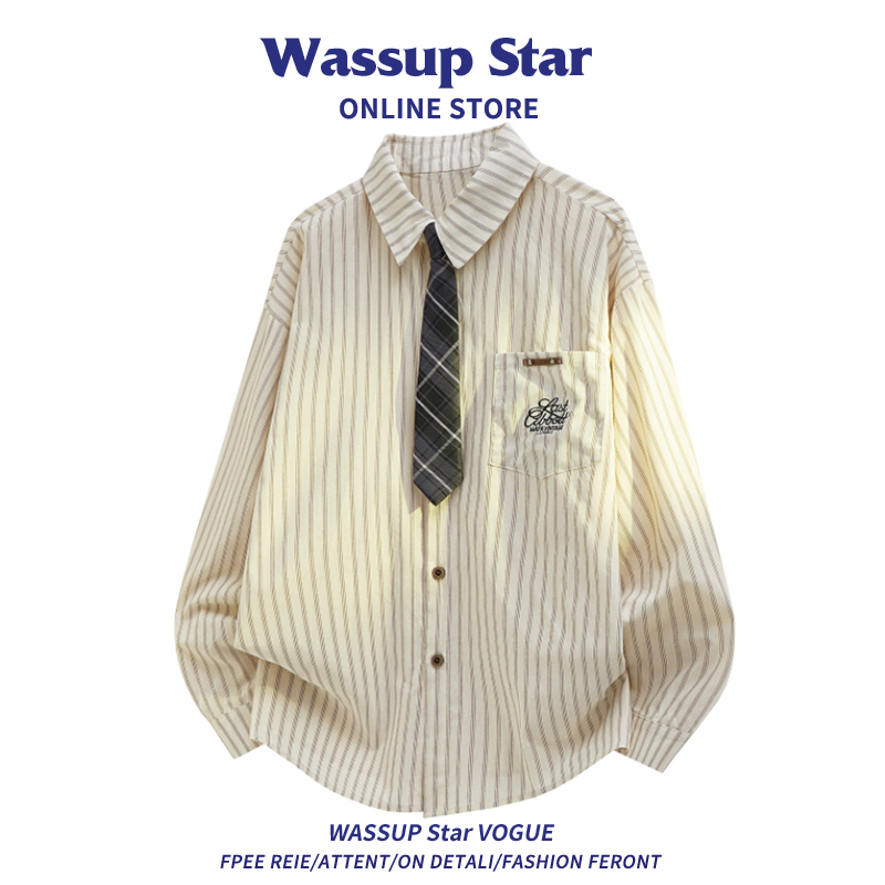 Wassup Star Japanese-Style Academy Striped Tie Shirt for Men, Spring and Autumn Youth Trendy Shirt Jacket