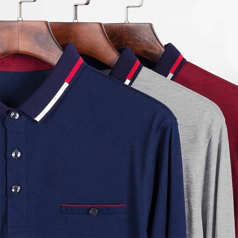 Mùa thu và mùa đông cơ sở màu sắc với túi áo thun dài tay XL áo thun cotton dày nam ve áo lỏng áo polo form rộng