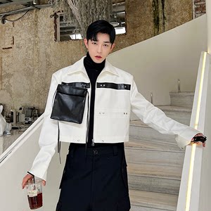 Autumn korean high-end contrast color jacket men's niche leather detachable large pocket design temperament short coat