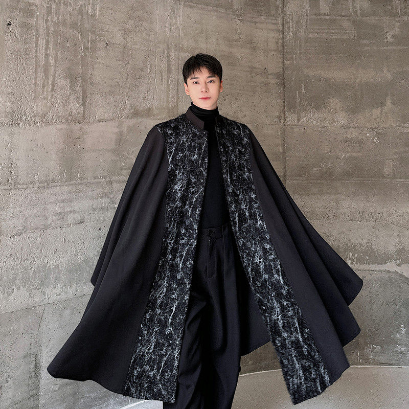 Winter New Chinese retro splicing Mao Outline Shaped Cloak Cloak Coat Coat Men's senior Zen Mood Coat-Taobao