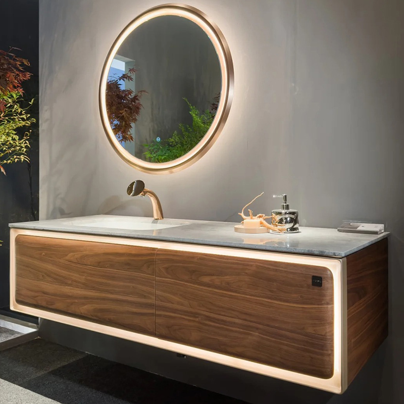 Designer Mall-Style Marble Black Walnut Pattern Solid Wood Bathroom Cabinet Set with Washbasin and Sink