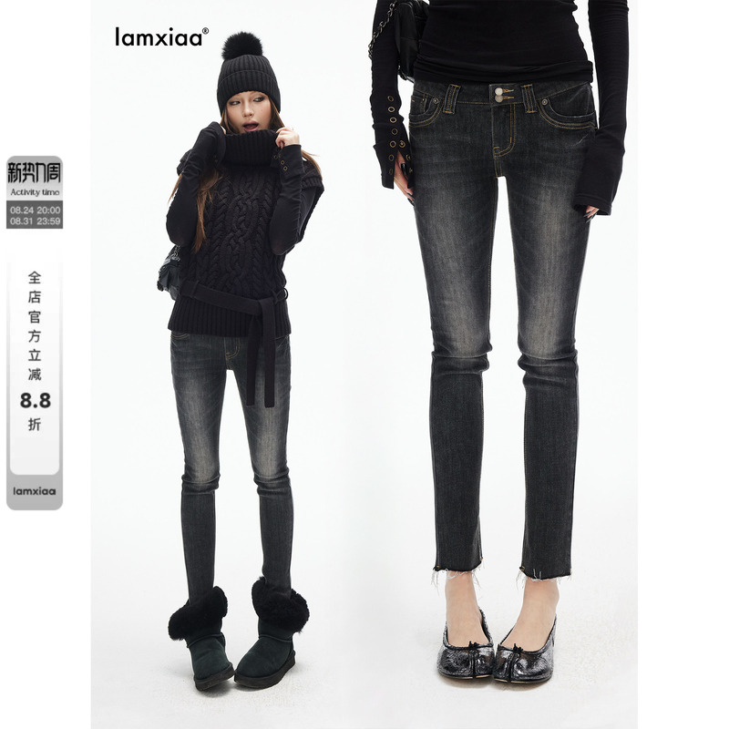 Iamxiaa* Cotton Soft Black Stretch Denim Vintage Washed Distressed 90S Street Style Double-Button Slim Fit Skinny Pants