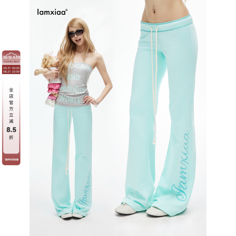 Iamxiaa* Refreshing Mint Green Cotton Low-Waist Drawstring Long Pants with Thorn Print, Slim Fit, Slightly Flared Sweatpants Iamxiaa* Refreshing Mint Green Cotton Low-Waist Drawstring Long Pants with Thorn Print, Slim Fit, Slightly Flared Sweatpants