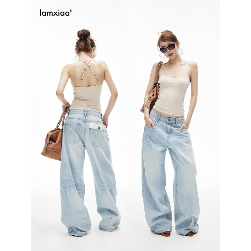 Iamxiaa* Cotton Non-Stretch Denim Ice Blue Washed Low-Rise Deconstructed Hip Pocket Design Loose Floor-Length Dad Pants Iamxiaa* Cotton Non-Stretch Denim Ice Blue Washed Low-Rise Deconstructed Hip Pocket Design Loose Floor-Length Dad Pants