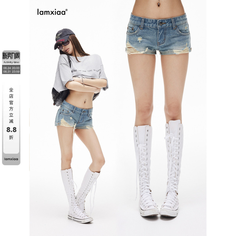 Iamxiaa* High-Waisted Denim Low-Rise Irregular Ripped Hem Vintage Casual Bodycon Hot Pants Shorts