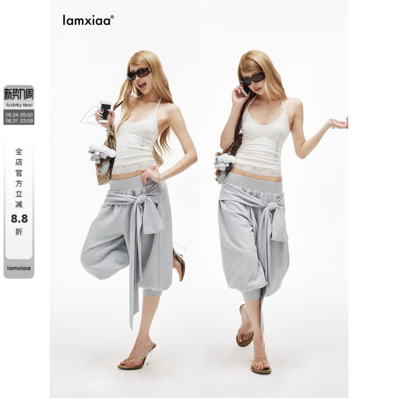 Iamxiaa* Floral Gray Skin-Friendly Cotton-Feel Ribbed Wide-Waist Tie-Up Loose Drop-Crotch Cropped Harem Sweatpants Iamxiaa* Floral Gray Skin-Friendly Cotton-Feel Ribbed Wide-Waist Tie-Up Loose Drop-Crotch Cropped Harem Sweatpants