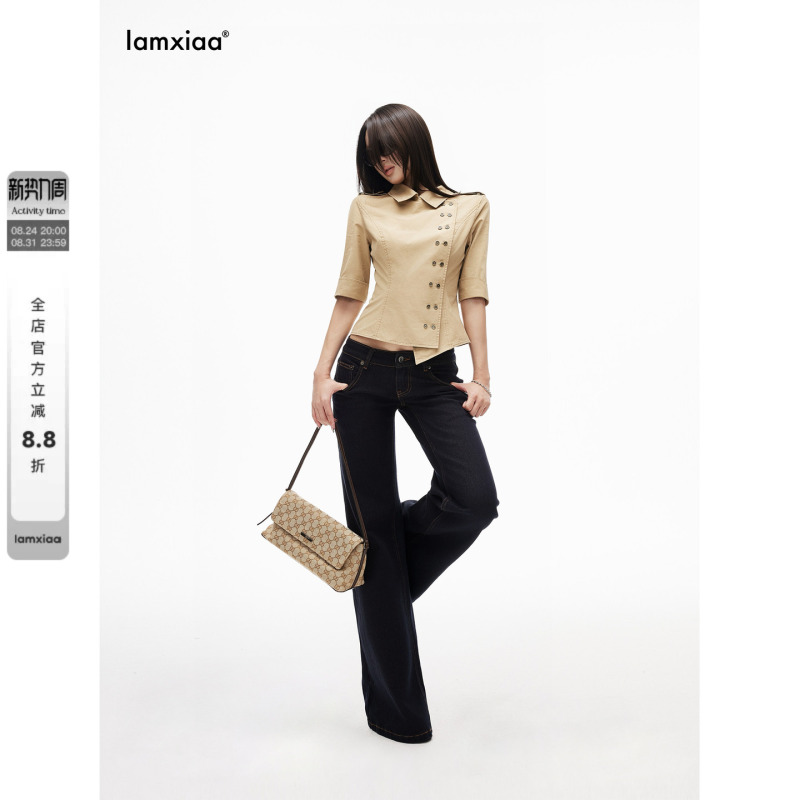 Iamxiaa*100 Cotton Khaki Trench Coat Style Shoulder Strap Diagonal Placketing Segmented Line Slim Waist Mid-Sleeve Shirt