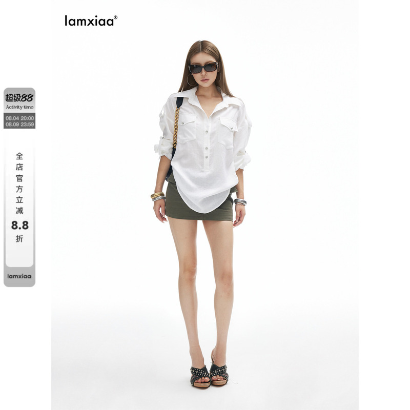 Iamxiaa* Tencel Linen Breathable and Comfortable Adjustable Sleeve Loops Back Waist Tie Metal Handmade Buckle Os Shirt Iamxiaa* Tencel Linen Breathable and Comfortable Adjustable Sleeve Loops Back Waist Tie Metal Handmade Buckle Os Shirt