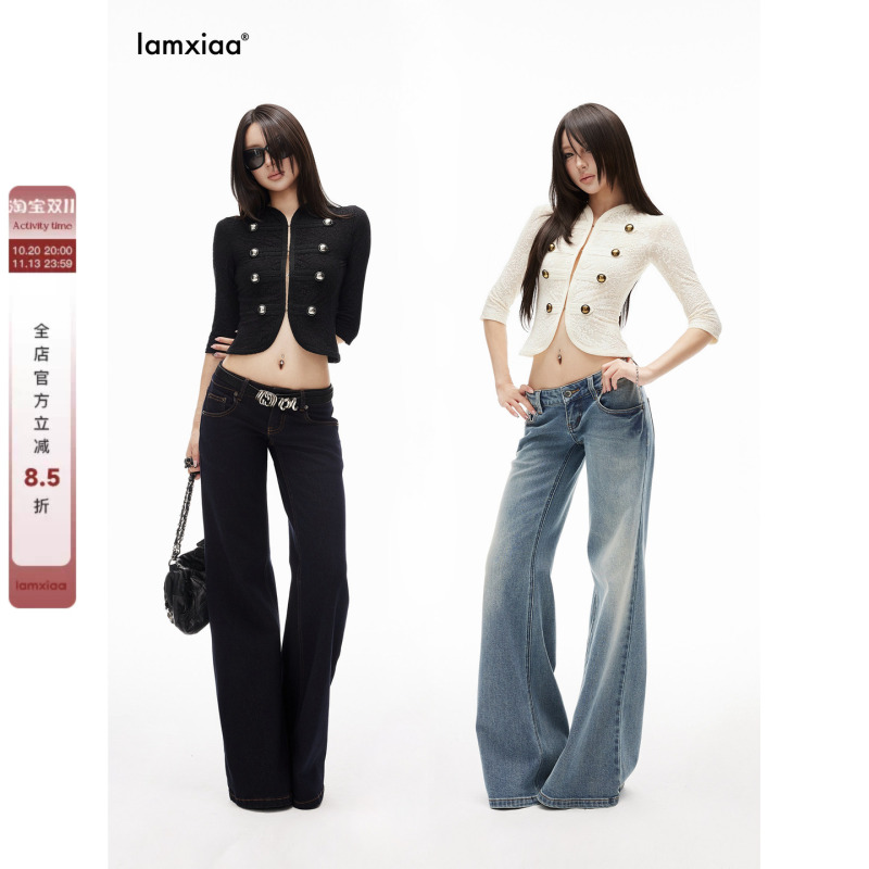 Iamxiaa* Lyocell Cotton Slub Texture Stretch Denim Low-Rise Short Loose Flared Pants Available in Two Colors