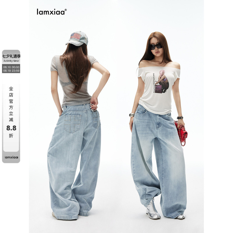 Iamxiaa* Cotton Slub Vertical Stripe Light Blue Vintage Washed Handmade Rivet-Decorated Low-Rise Loose Jeans
