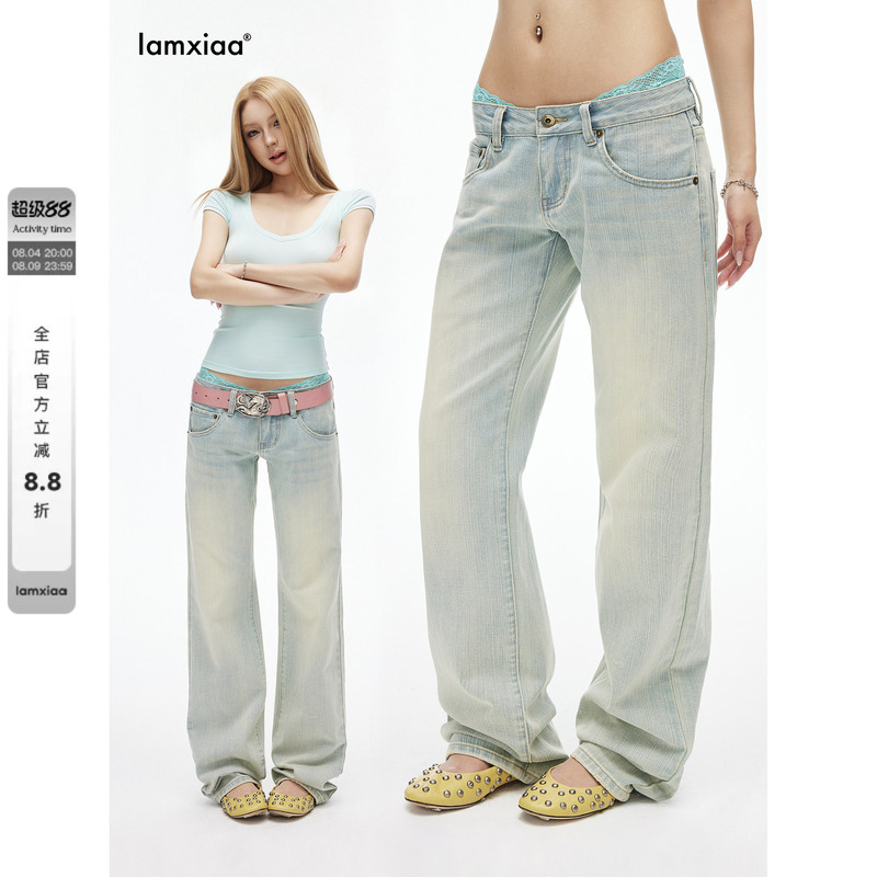 Iamxiaa* High Cotton Content Slub Texture Light Blue Vintage Washed 90S Lazy Low-Rise Classic Straight-Leg Jeans Iamxiaa* High Cotton Content Slub Texture Light Blue Vintage Washed 90S Lazy Low-Rise Classic Straight-Leg Jeans