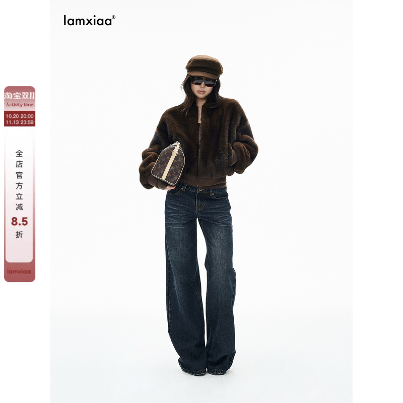 Iamxiaa* Dark Brown Faux Mink Fur Baseball Collar Zip-Up Ribbed Cuffs Drop Shoulder Loose Short Jacket Iamxiaa* Dark Brown Faux Mink Fur Baseball Collar Zip-Up Ribbed Cuffs Drop Shoulder Loose Short Jacket