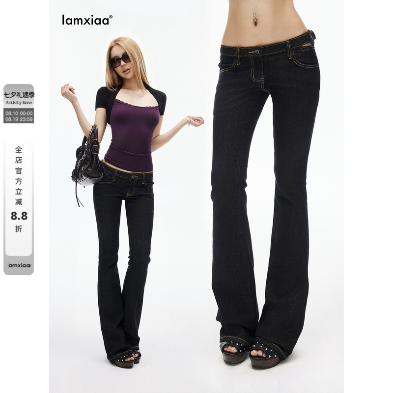 Iamxiaa* Black Slightly Stretchy Denim Adjustable Hollow-Out Waist-Revealing Retro Low-Rise Slimming High-Waisted Flared Pants
