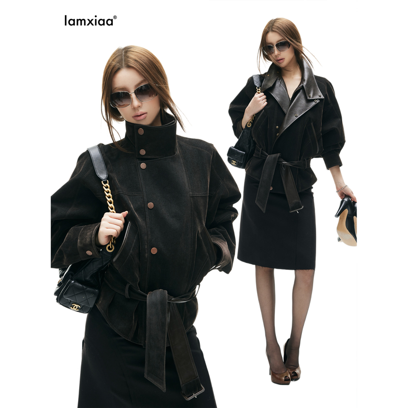 Iamxiaa* Cotton Twill Flocked Denim Patchwork Leather Two-Way Collar Lantern Sleeve Belted Vintage Loose Jacket Coat