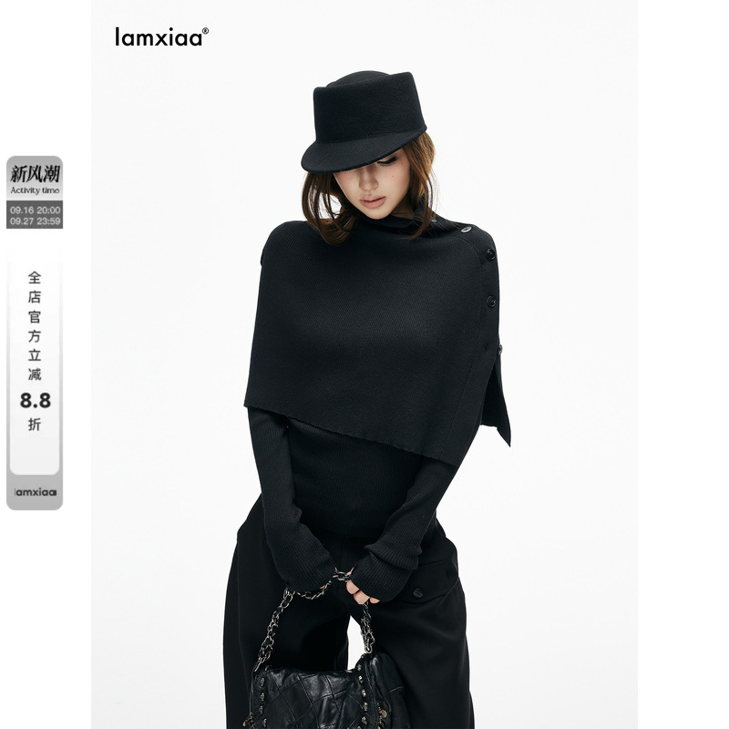 Iamxiaa* Fine Ribbed Knit Stand-Up Collar Buttoned Cape Henry Collar Basic Slim-Fit Base Shirt Real Two-Piece Set