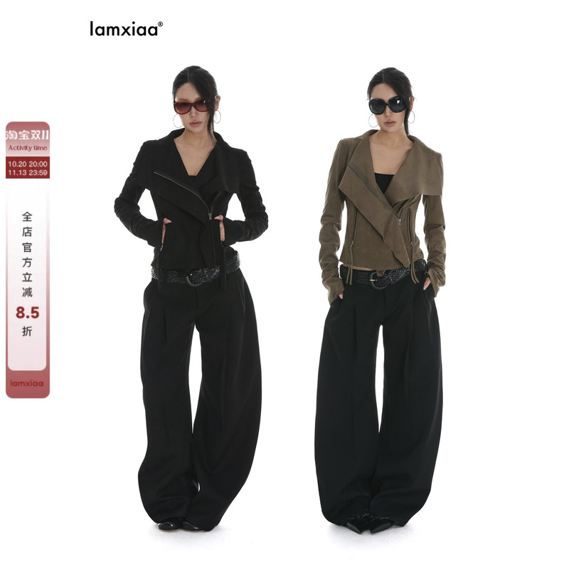 Iamxiaa* Visual Style Suede Lapel Three-Dimensional Cut Slim Short Jacket