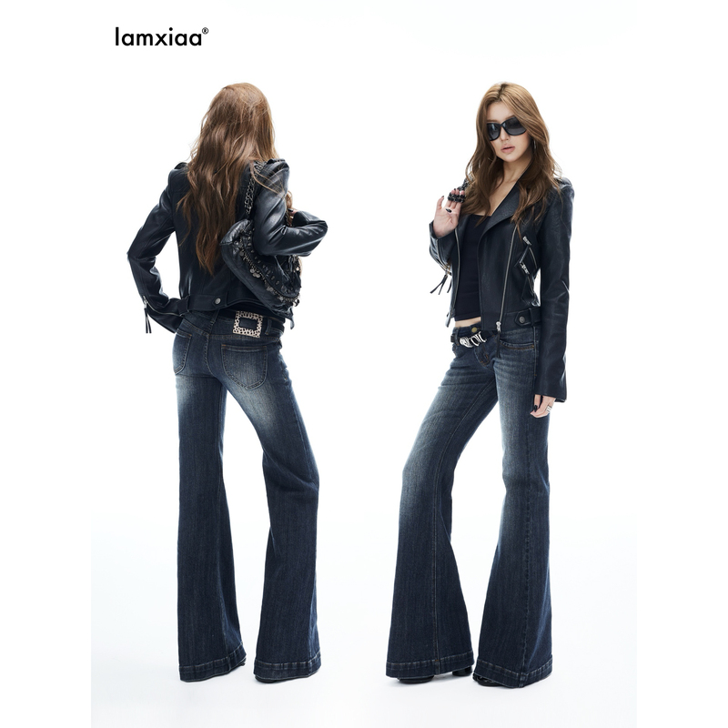 Iamxiaa* Vertical Stripe Woven Blue Vintage Washed Bright Yellow Stitching Split Low-Rise Straight-Leg Flared Jeans