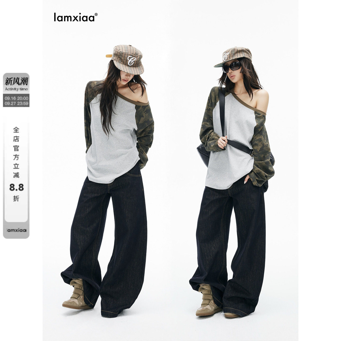Iamxiaa* เสื้อยืดลำลองทรงหลวม ผ้าฝ้ายสองชั้น พิมพ์ลายดอกไม้สีเทา แขนพรางตา ไหล่เฉียงไม่สมมาตร คอปกแบบเรกลัน