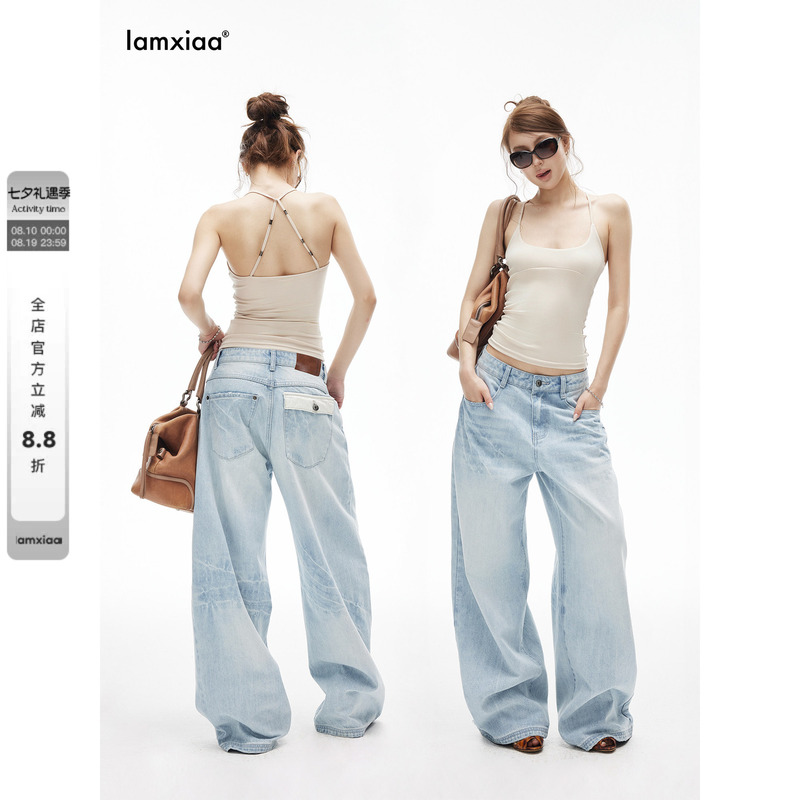 Iamxiaa* Cotton Non-Stretch Denim Ice Blue Washed Low-Rise Deconstructed Hip Pocket Design Loose Floor-Length Dad Pants Iamxiaa* Cotton Non-Stretch Denim Ice Blue Washed Low-Rise Deconstructed Hip Pocket Design Loose Floor-Length Dad Pants